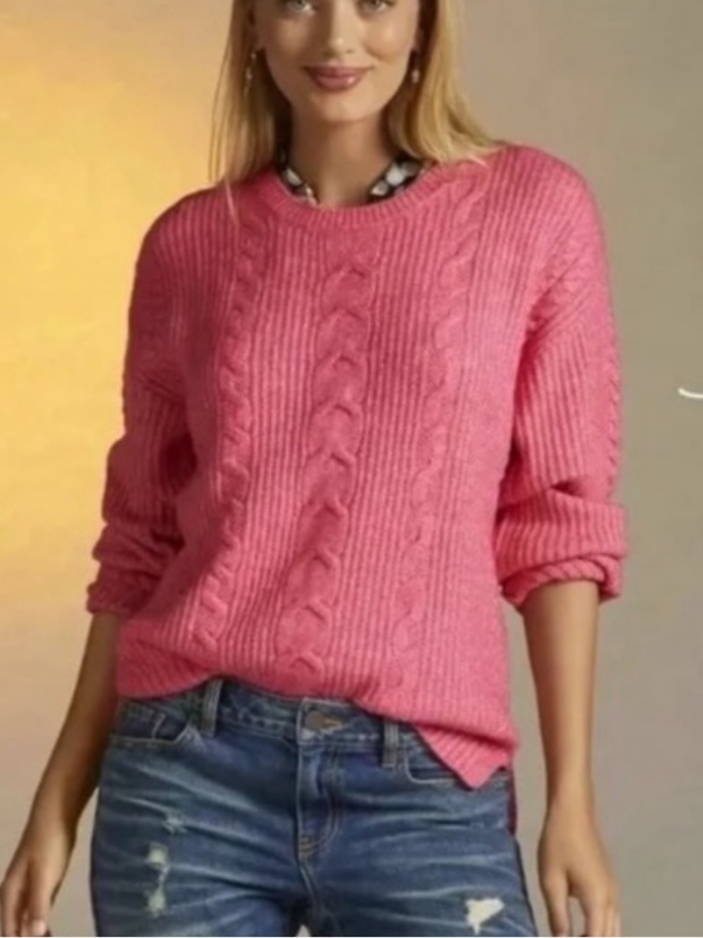 Cabi Elsa pullover sweater pink cable knit fuzzy